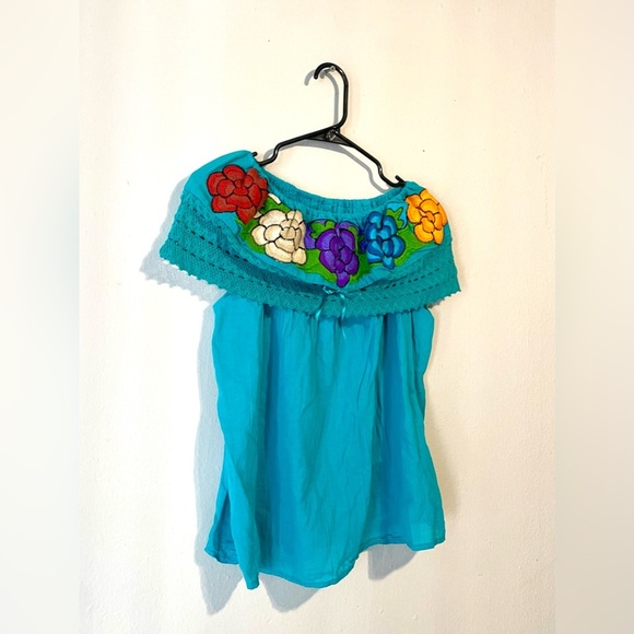 Embroidered Teal Mexican Style Sleeveless Off Shoulder Blouse Women's Size Med - Picture 2 of 8